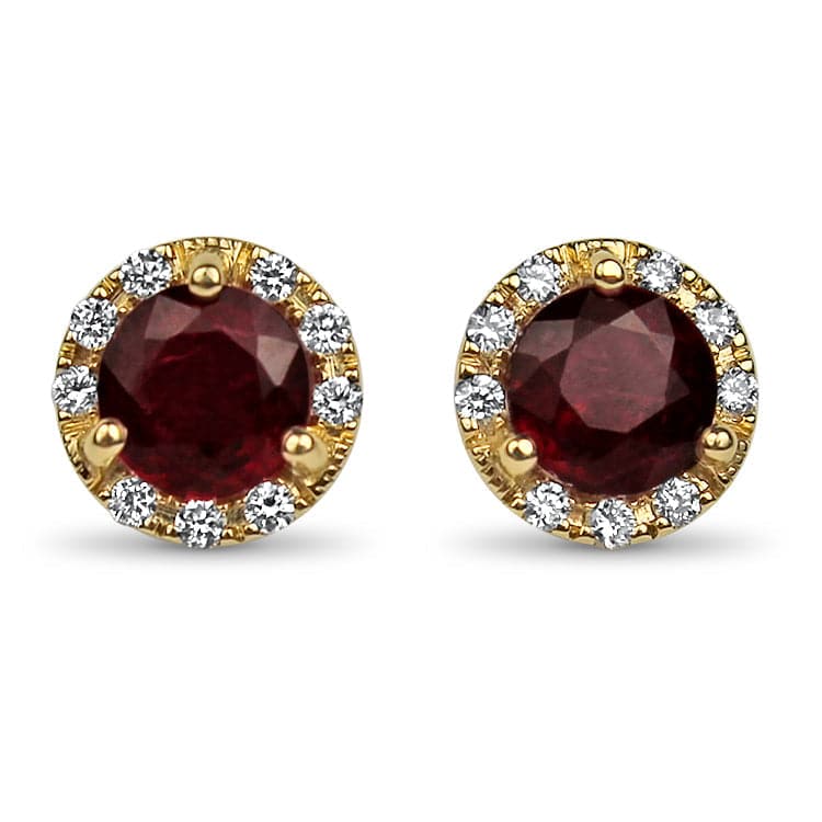 Springer's Collection Earring 14k Yellow Gold Ruby & Diamond Halo Stud Earrings