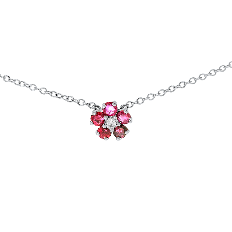 1870 Collection Necklaces and Pendants 1870 Collection 14k White Gold Diamond and Ruby Flower Pendant Necklace