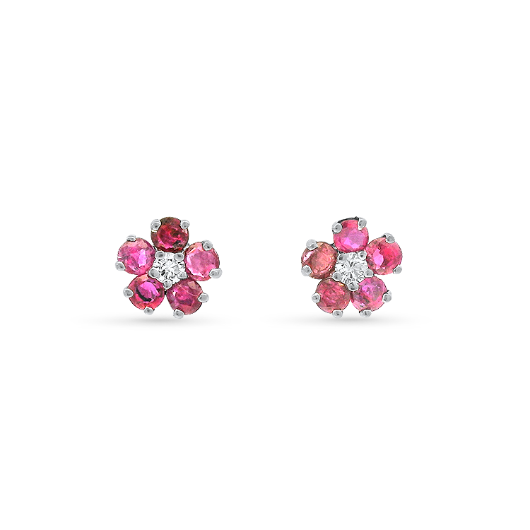 1870 Collection Earrings 1870 Collection 14k White Gold Diamond and Ruby Flower Stud Earrings