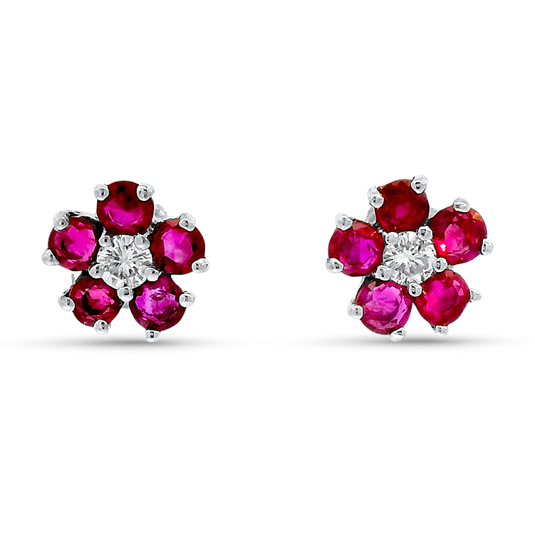 1870 Collection Earrings 1870 Collection 14K White Gold Ruby & Diamond Floral Stud Earrings