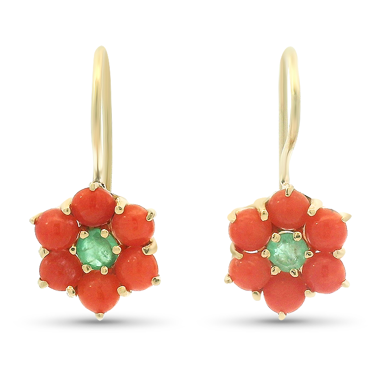 1870 Collection Earrings 1870 Collection 14k Yellow Gold Floral Drop Earrings with Coral and Emerald Accents