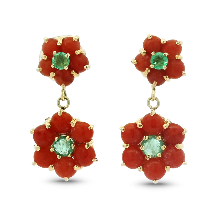 1870 Collection Earrings 1870 Collection 14k Yellow Gold Floral Earrings with Coral and Emerald Accents