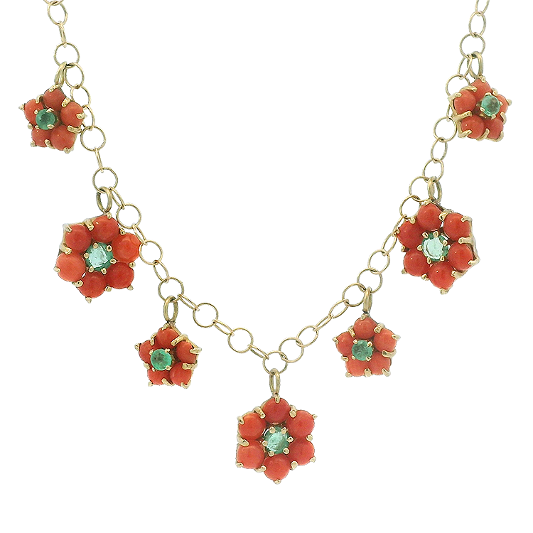 1870 Collection Necklaces and Pendants 1870 Collection 14k Yellow Gold Floral Necklace with Coral and Emerald Accents