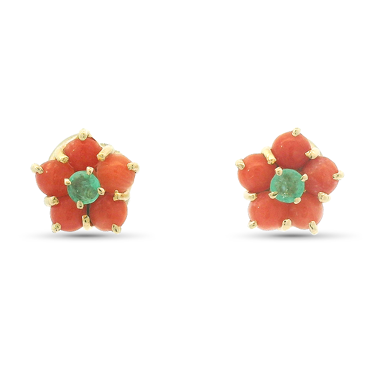 1870 Collection Earrings 1870 Collection 14k Yellow Gold Floral Stud Earrings with Coral and Emerald Accents