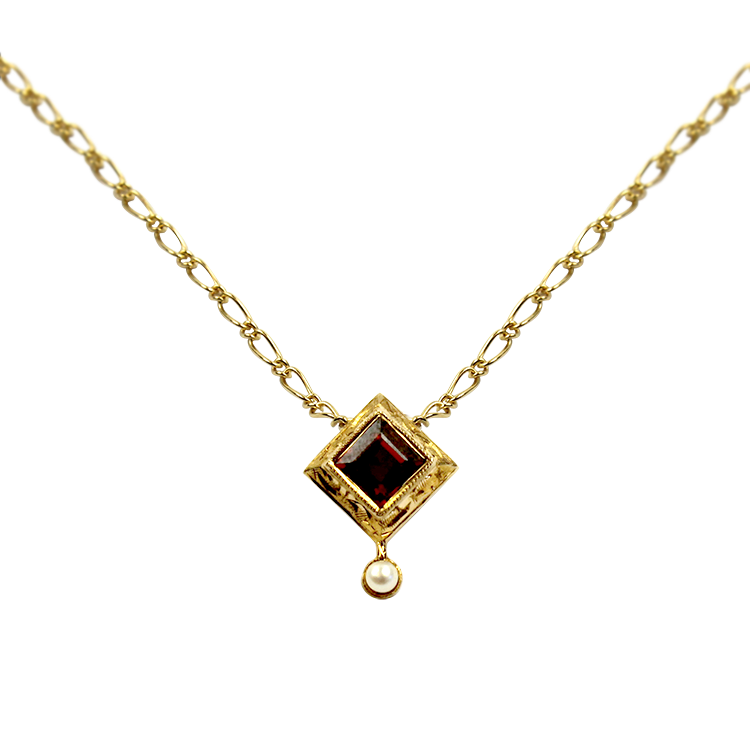 1870 Collection Necklaces and Pendants 1870 Collection 14k Yellow Gold Garnet & Pearl Pendant Necklace