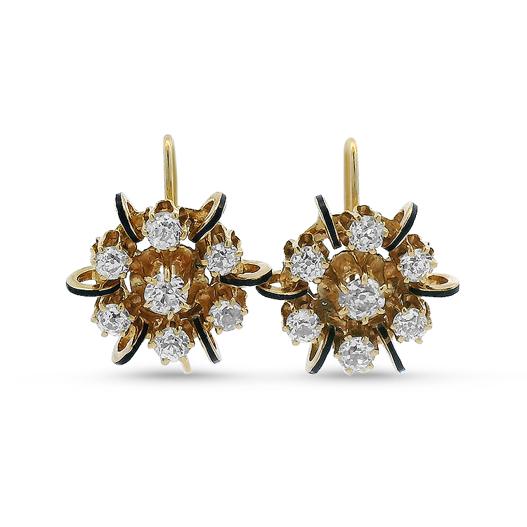 1870 Collection Earrings 1870 Collection Antique Yellow Gold Diamond & Blue Enamel Cluster Drop Earrings