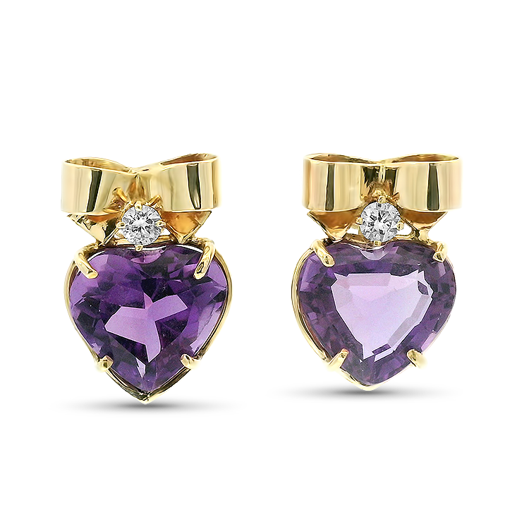 1870 Collection Earring Estate 14k Yellow Gold Amethyst and Diamond Heart Earrings