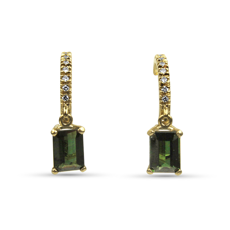 Estate 14K Yellow Gold Green Tourmaline Diamond Earrings