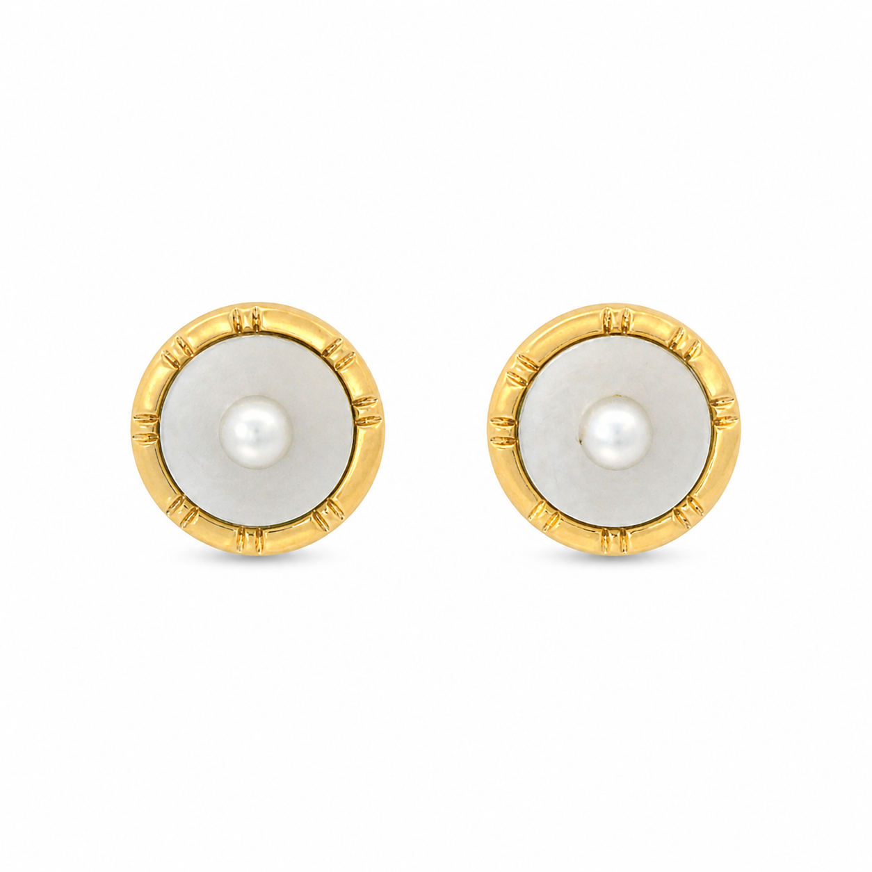 1870 Collection Earring Estate 14K Yellow Gold Mother-of-Pearl & Seed Pearl Stud Earrings