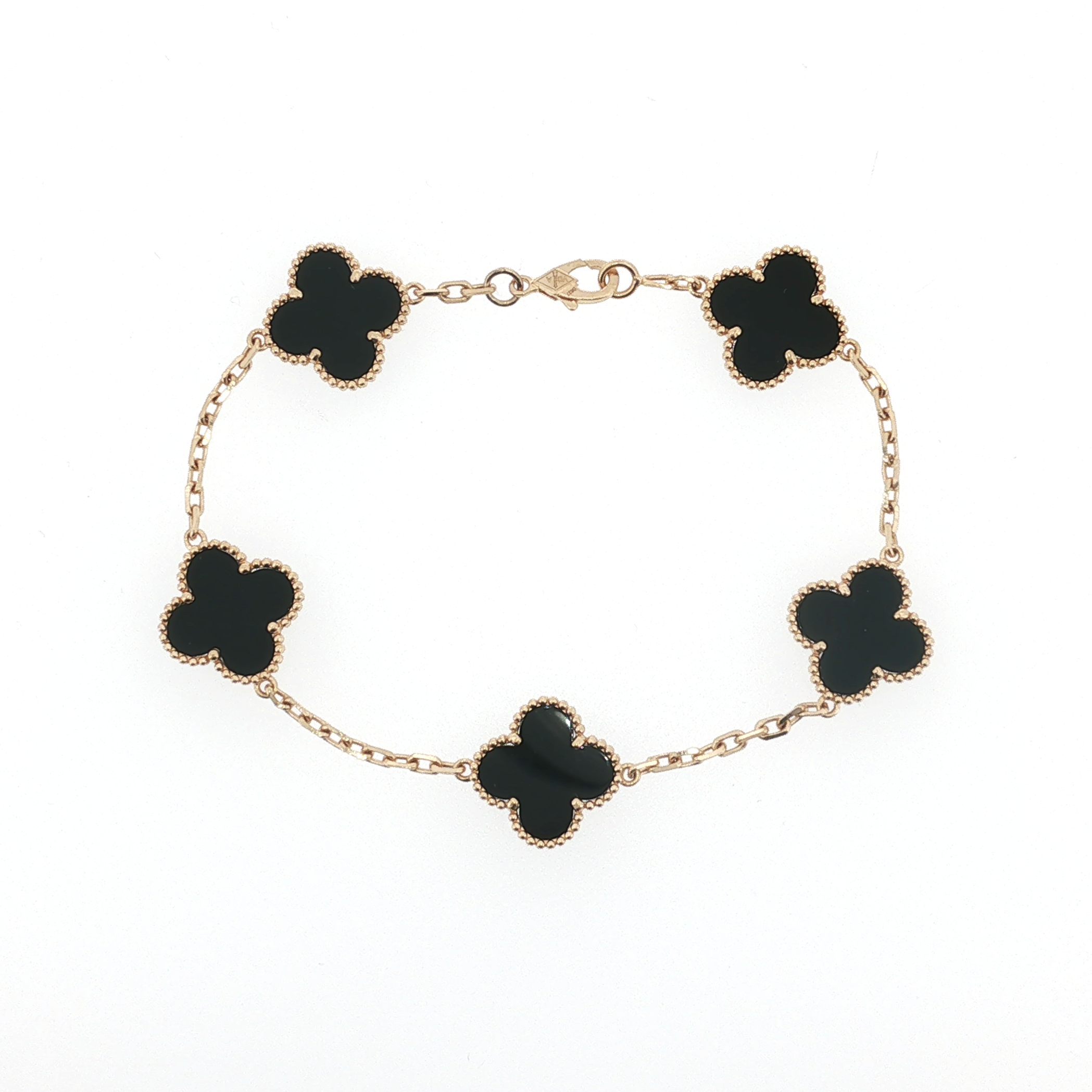 Estate Van Cleef & Arpels 18K Yellow Gold Onyx Alhambra Bracelet