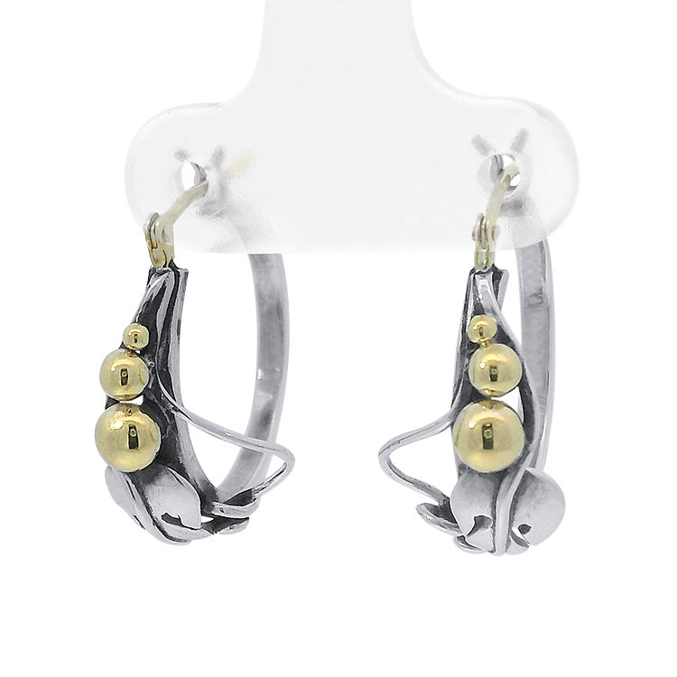 Charles Krypell Earrings Estate 14K Yellow Gold & Sterling Silver Grape Leaf Hoop Earrings