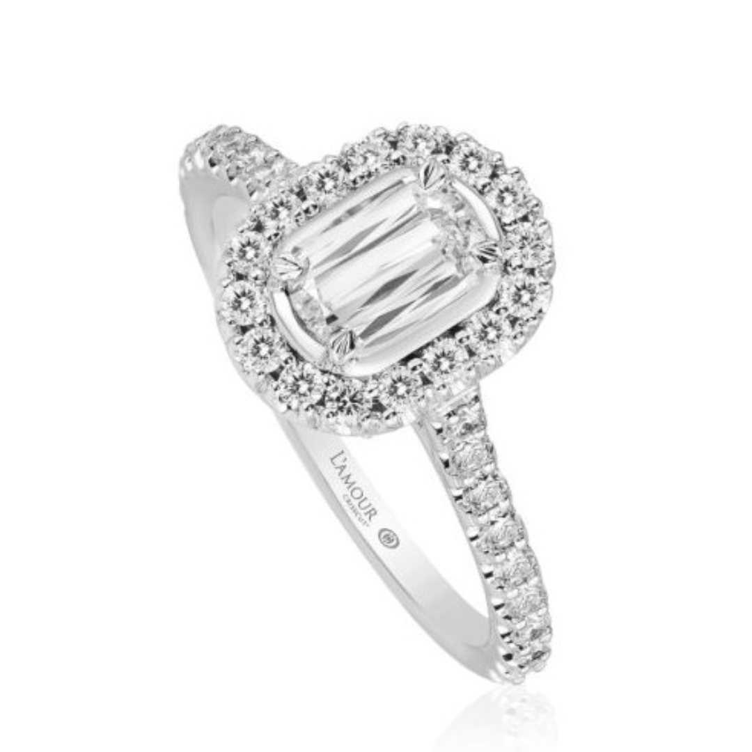 Christopher Designs Bridal Engagement Ring Christopher Designs 14K White Gold Crisscut L'Amour Oval .70ct Diamond Halo Engagement Ring with Diamond Band 6.50