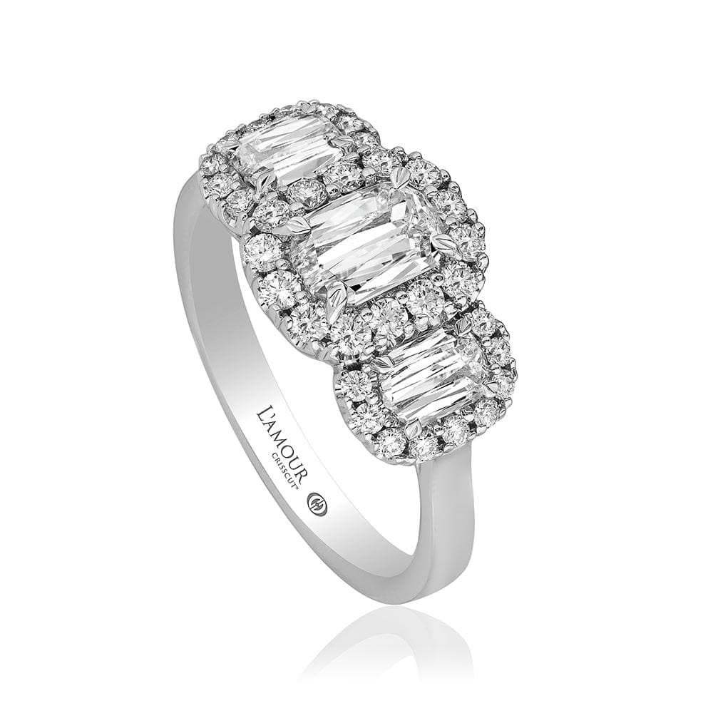 Christopher Designs Bridal Engagement Ring Christopher Designs 14k White Gold L'Amour Crisscut Three-Stone Halo Engagement Ring 6.5