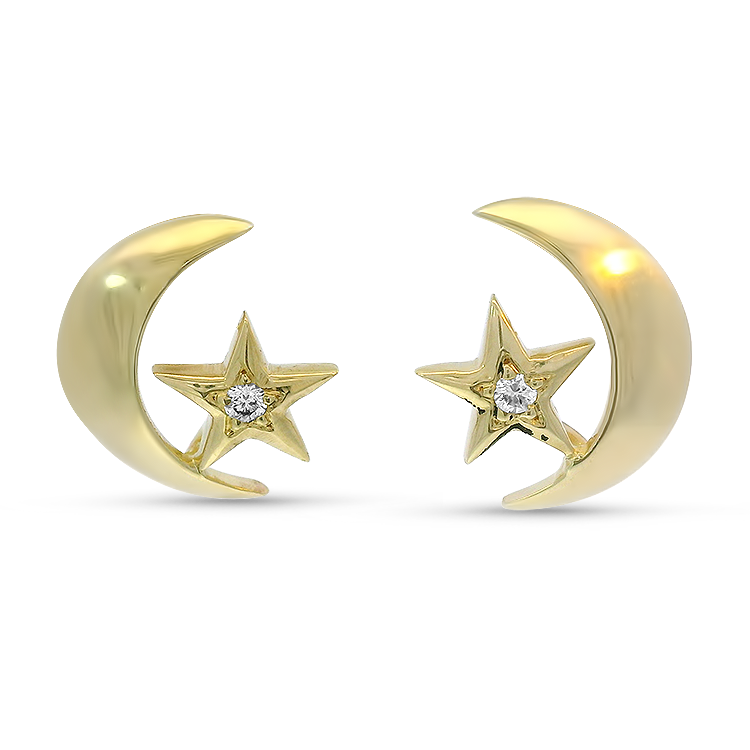 Estate AGA Correa Earrings A.G.A. Correa Estate 14K Yellow Gold Crescent Moon & Diamond Star Stud Earrings