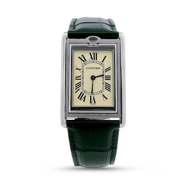 Estate Cartier Watch Pre-Owned Cartier Tank Basculante Ref. 2390, Silver Dial, Leather