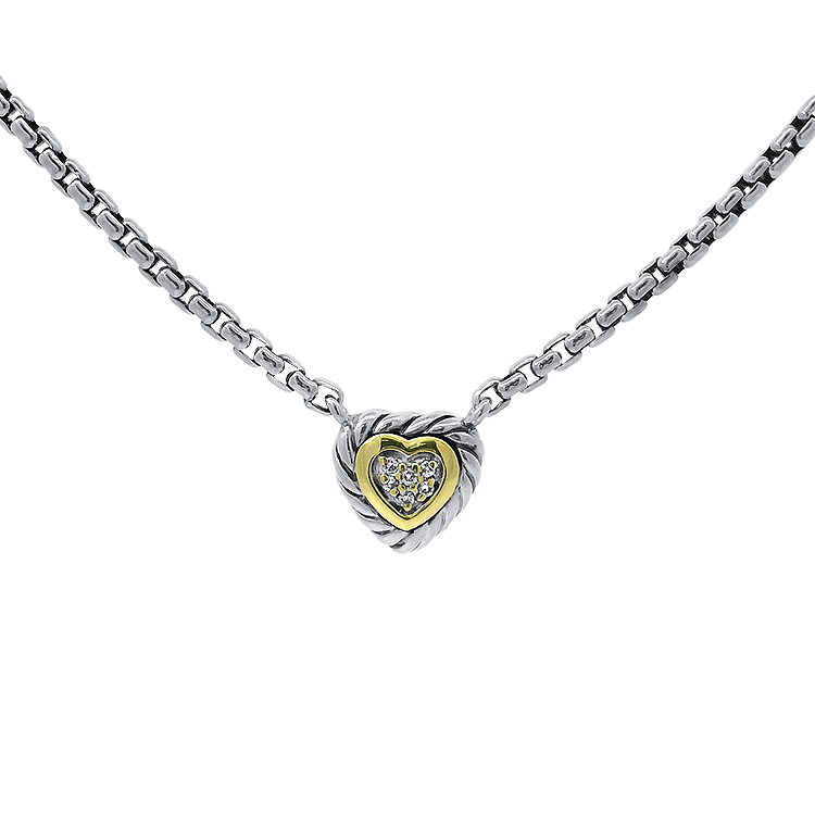 Estate David Yurman Necklaces and Pendants David Yurman Estate Sterling Silver and 18K Yellow Gold Cable Heart Diamond Necklace