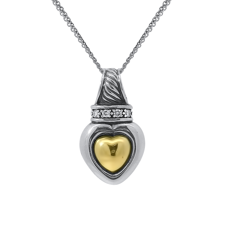 Estate David Yurman Necklaces and Pendants David Yurman Estate Sterling Silver and 18k Yellow Gold Heart Pendant with Diamonds