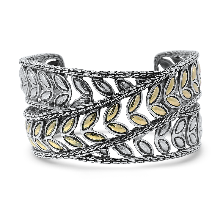 Estate John Hardy Bracelet Estate Sterling Silver and 18K Yellow Gold John Hardy Leaf Motif Crossover Cuff Bracelet