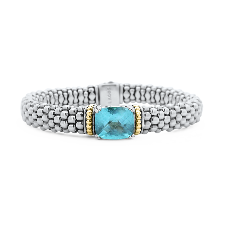 Estate Lagos bracelet Estate Lagos Sterling Silver & 18K Gold Swiss Blue Topaz Caviar Bracelet