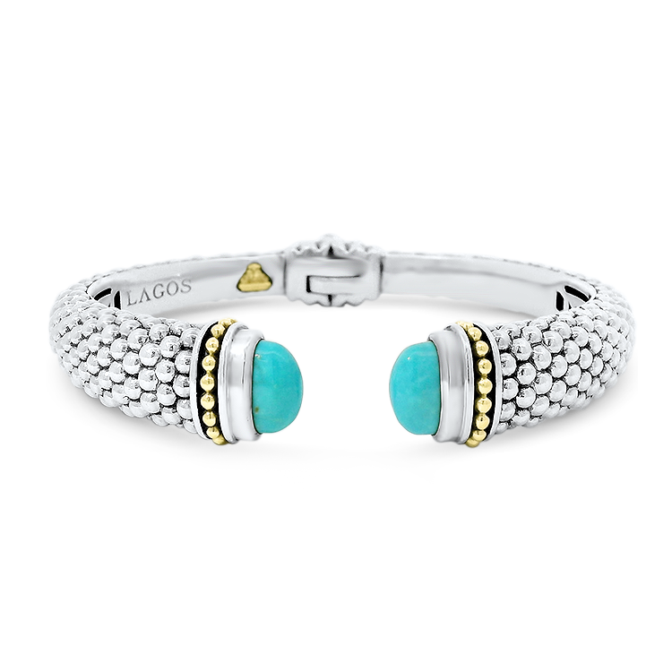 Estate Lagos bracelet Estate Lagos Sterling Silver & 18k Yellow Gold Caviar Cuff Bracelet with Turquoise Gemstone End Caps