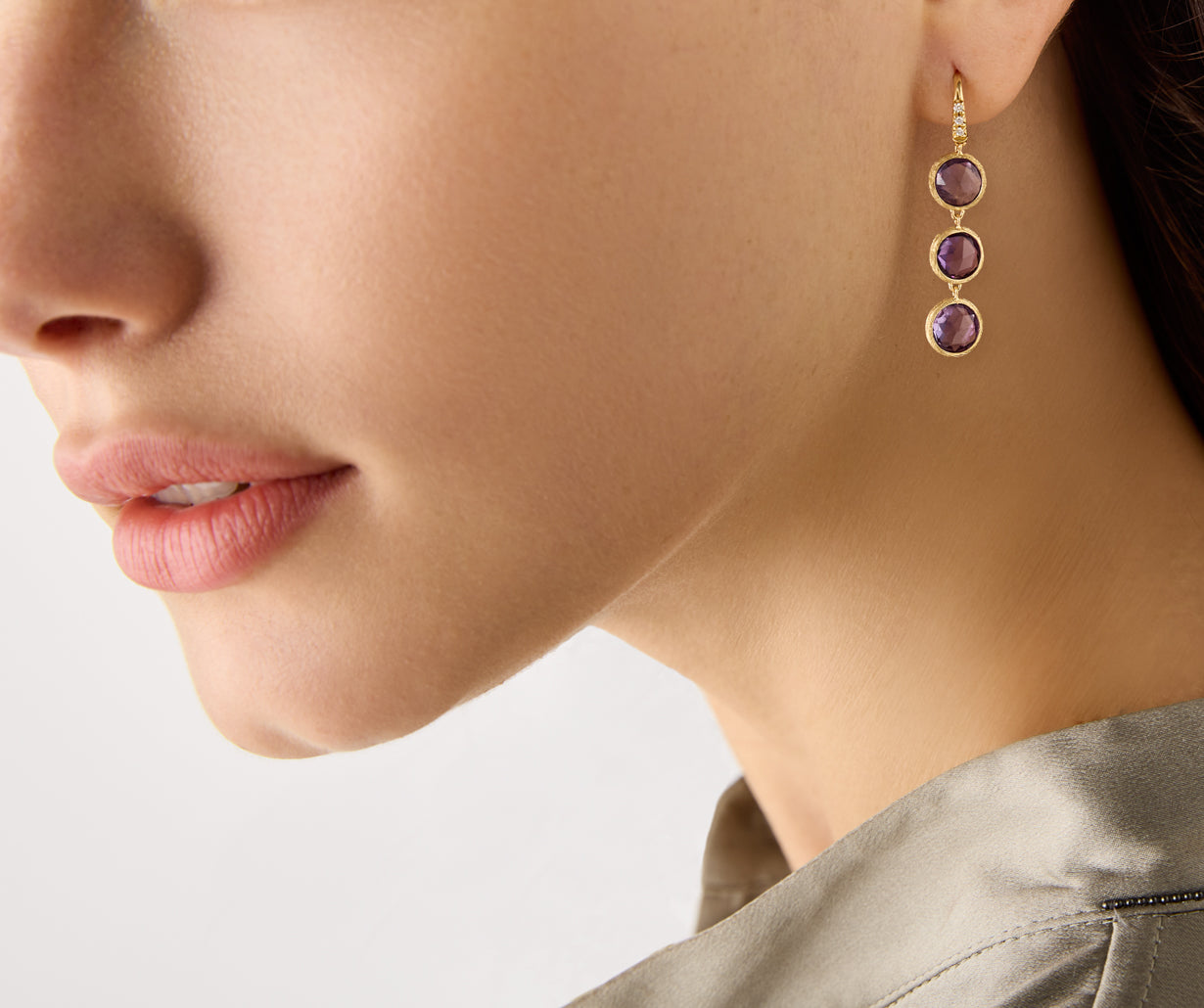 Marco Bicego Jaipur Color 18K Yellow Gold Drop Earrings with Three Amethysts and Diamonds - view 2