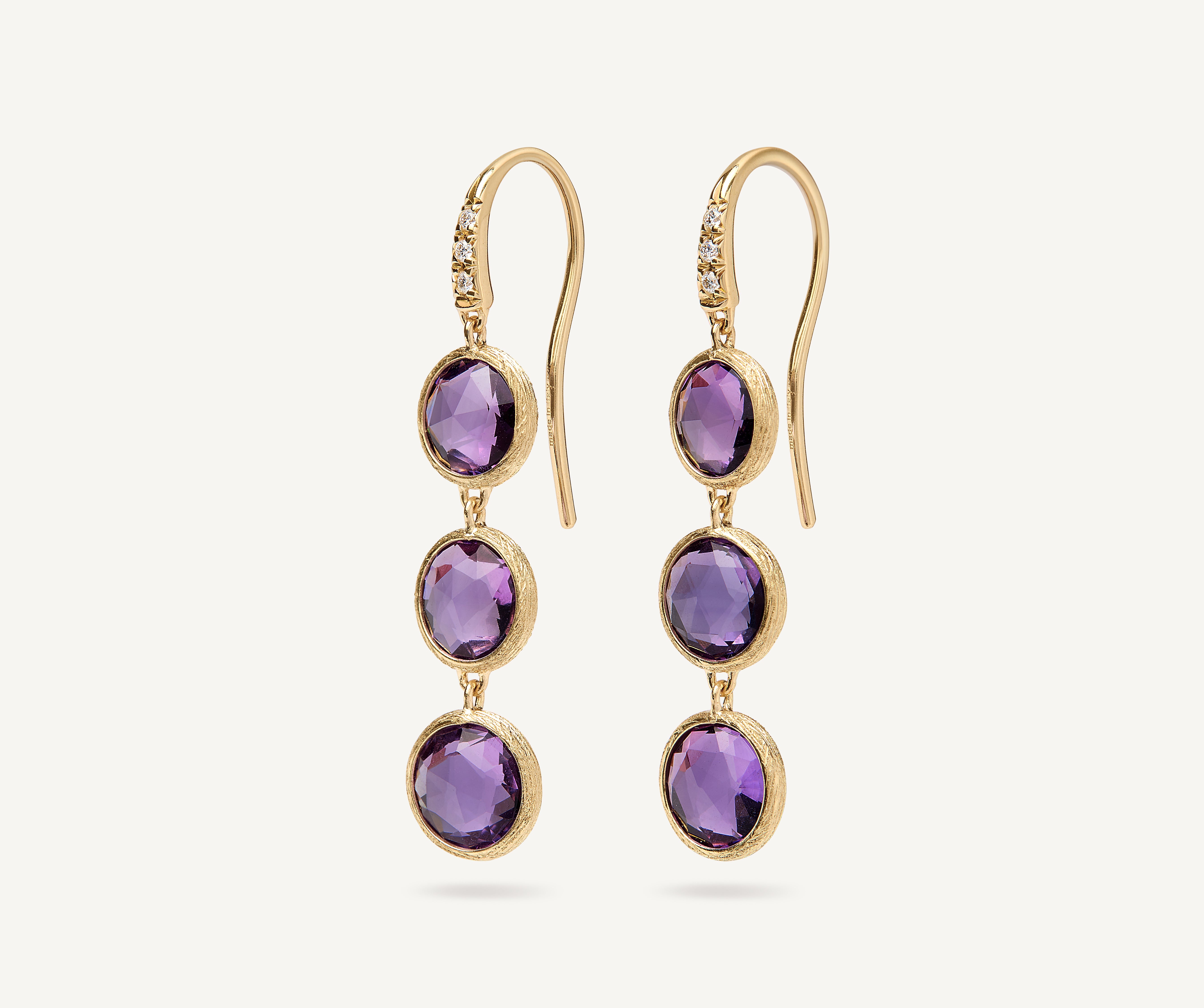 Marco Bicego Jaipur Color 18K Yellow Gold Drop Earrings with Three Amethysts and Diamonds