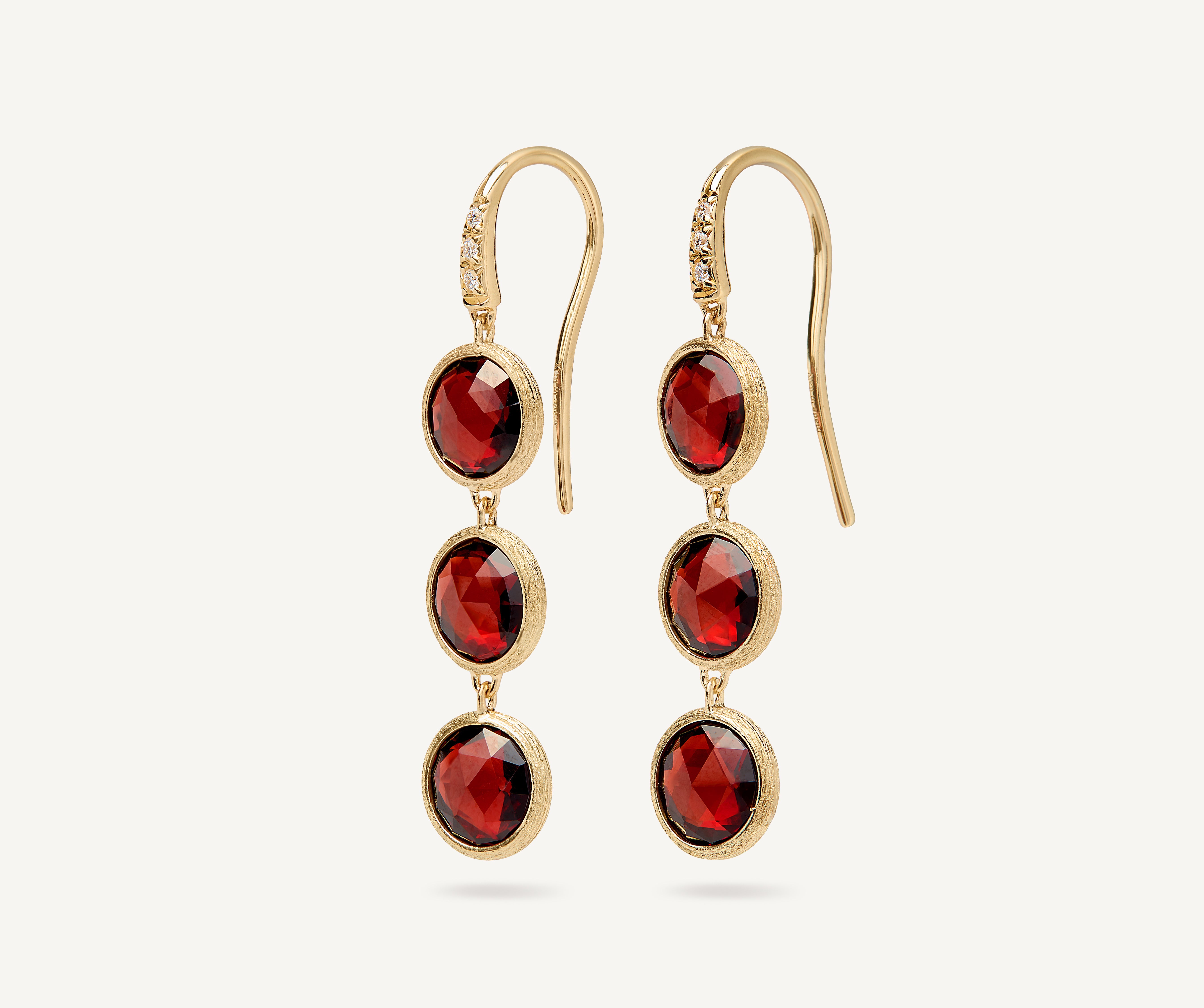 Marco Bicego Jaipur Color 18K Yellow Gold Drop Earrings with Three Red Garnets and Diamonds