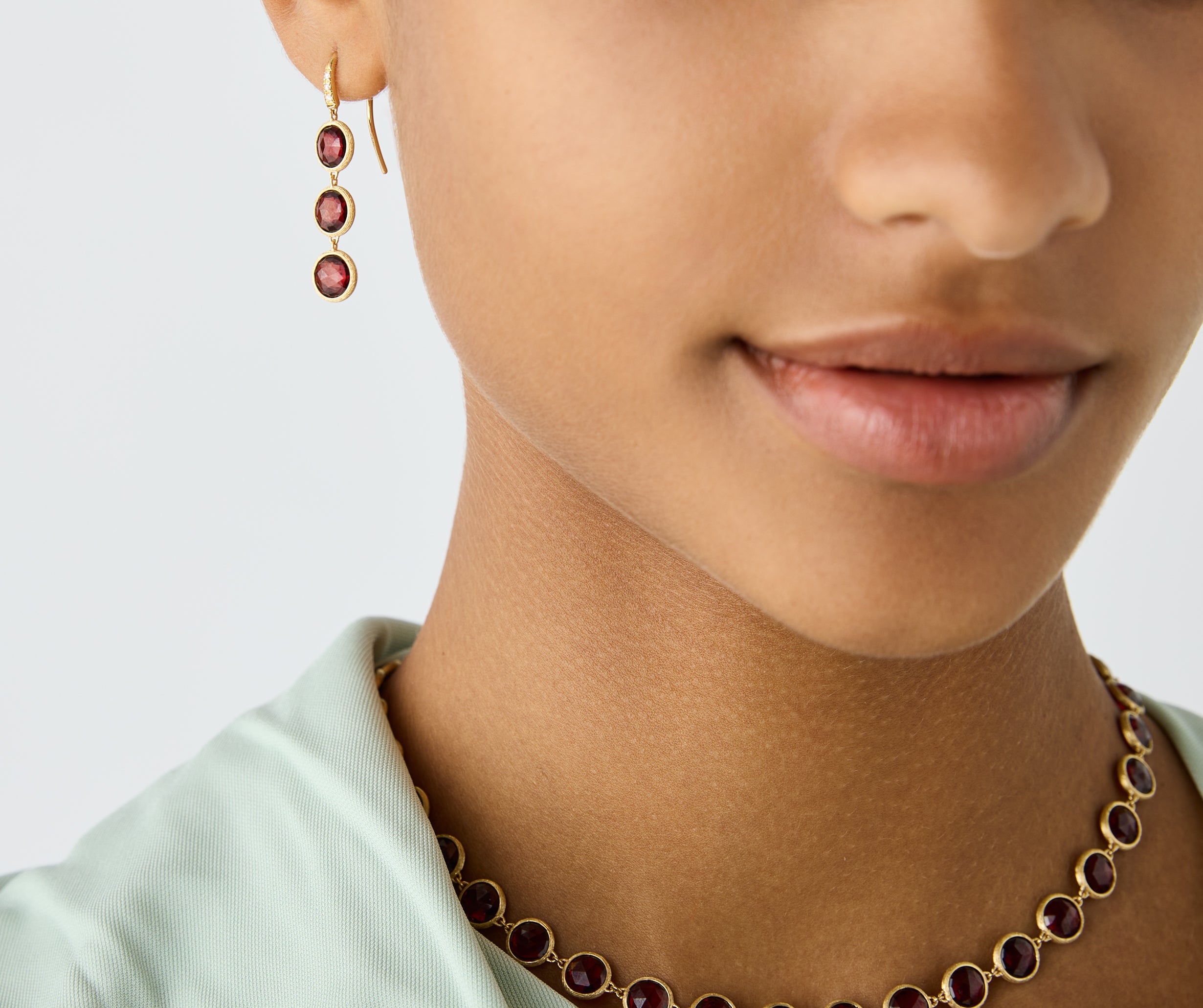 Marco Bicego Jaipur Color 18K Yellow Gold Drop Earrings with Three Red Garnets and Diamonds - view 2