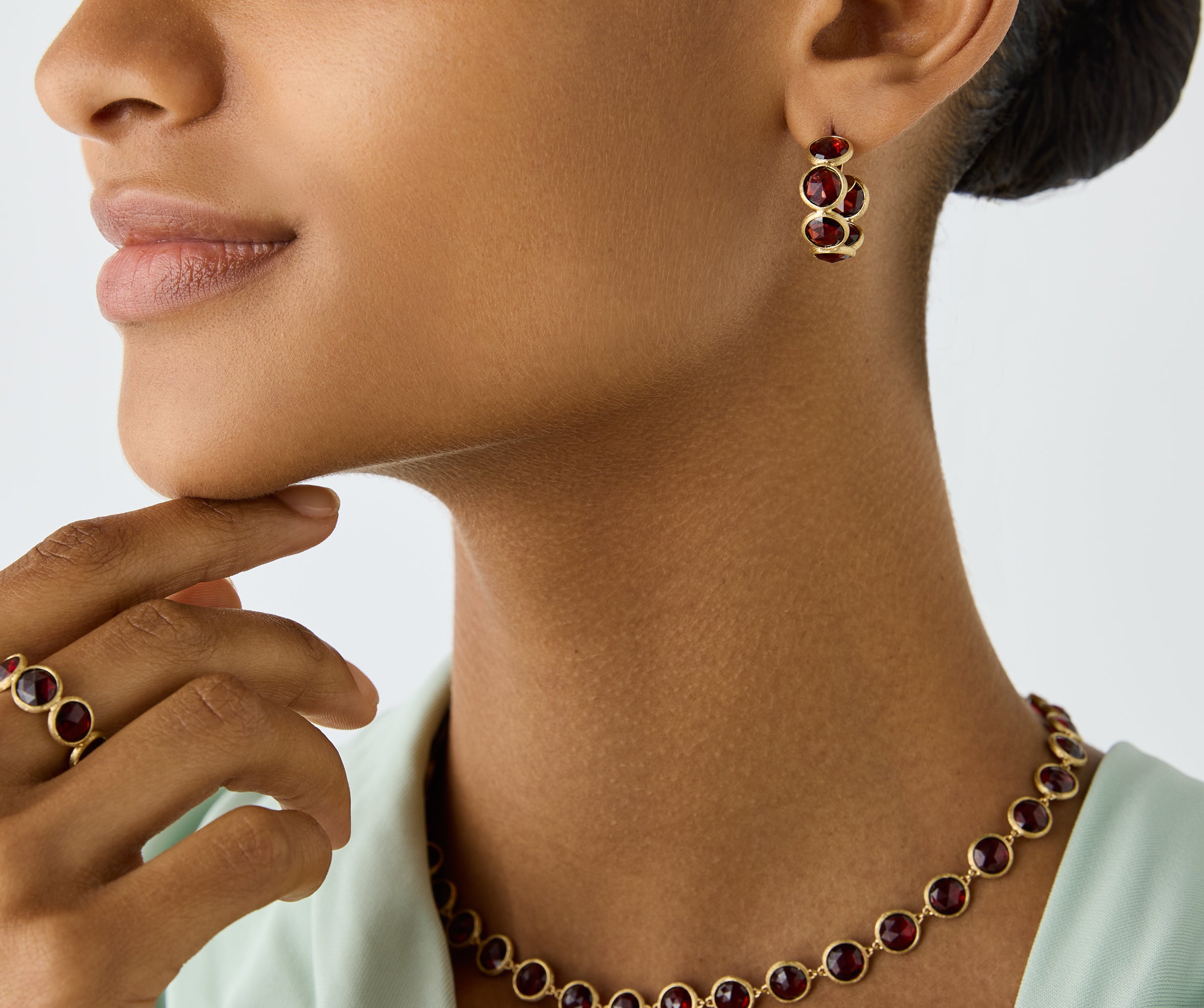 Marco Bicego Jaipur Color 18K Yellow Gold Hoop Earrings with Red Garnets - view 2