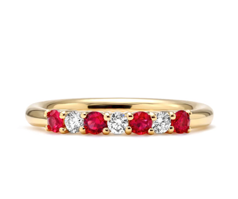 Mark Henry Ring 18k Yellow Gold "Everlong Slim Seven Stone" Ruby and Diamond Band 6.5