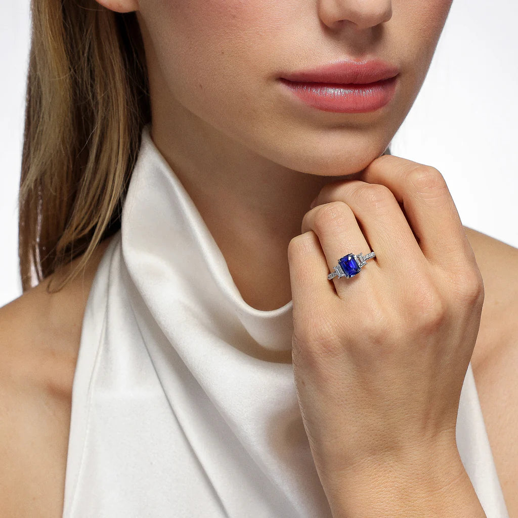 Mark Henry Ring Mark Henry 18k White Gold Nouveau Three Stone Emerald Cut 1.90cts Sapphire and Diamond Ring