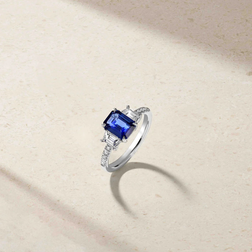 Mark Henry Ring Mark Henry 18k White Gold Nouveau Three Stone Emerald Cut 1.90cts Sapphire and Diamond Ring