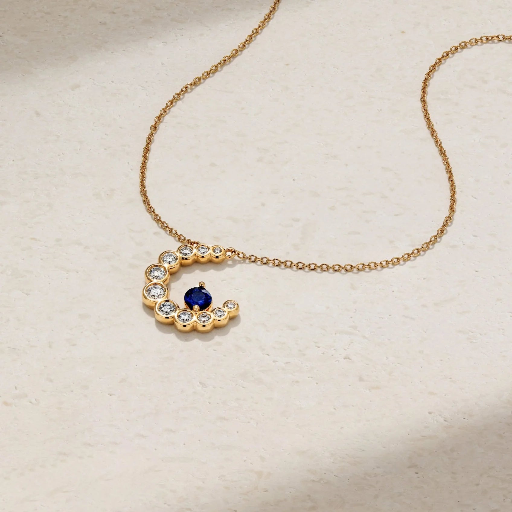 Mark Henry Necklaces and Pendants Mark Henry 18k Yellow Gold Bubbly Crescent Moon Sapphire and Diamond Necklace