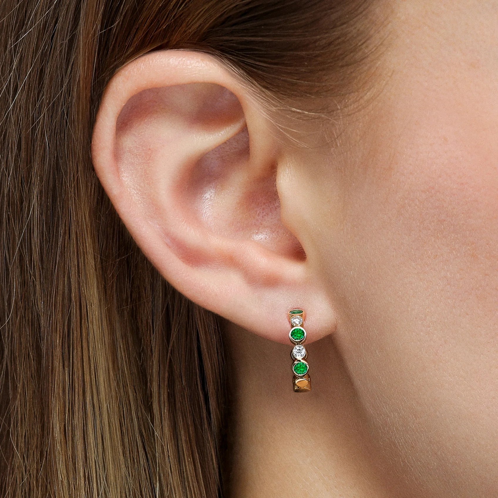 Mark Henry Earrings Mark Henry 18k Yellow Gold Bubbly Emerald and Diamond Mini Hoop Earrings