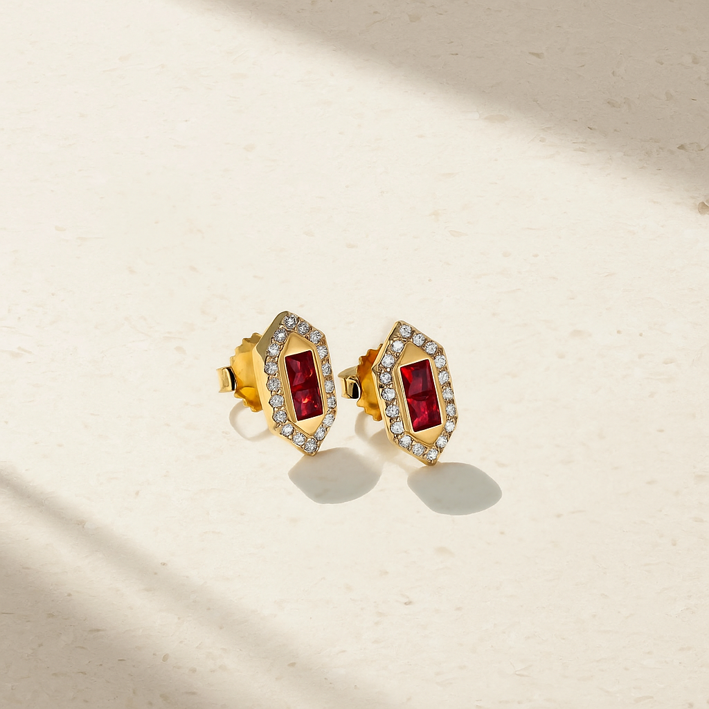 Mark Henry Earrings Mark Henry 18k Yellow Gold Pharaoh Ruby & Diamond Hexagonal Stud Earrings