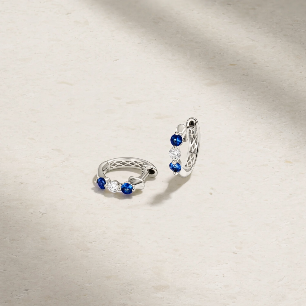 Mark Henry Earrings Mark Henry Ellipse 18k White Gold Mini Triplet Sapphire and Diamond Huggie Earrings