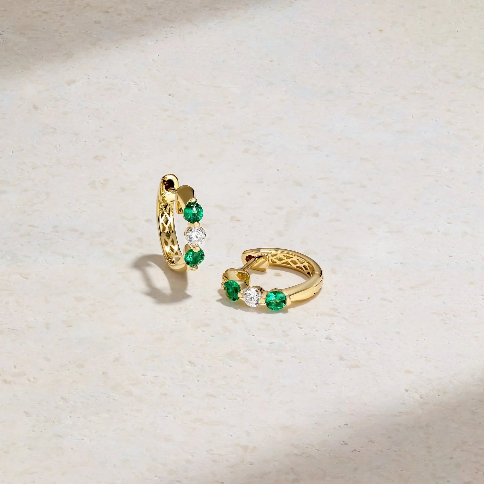 Mark Henry Earrings Mark Henry Ellipse 18k Yellow Gold Mini Triplet Emerald and Diamond Huggie Earrings