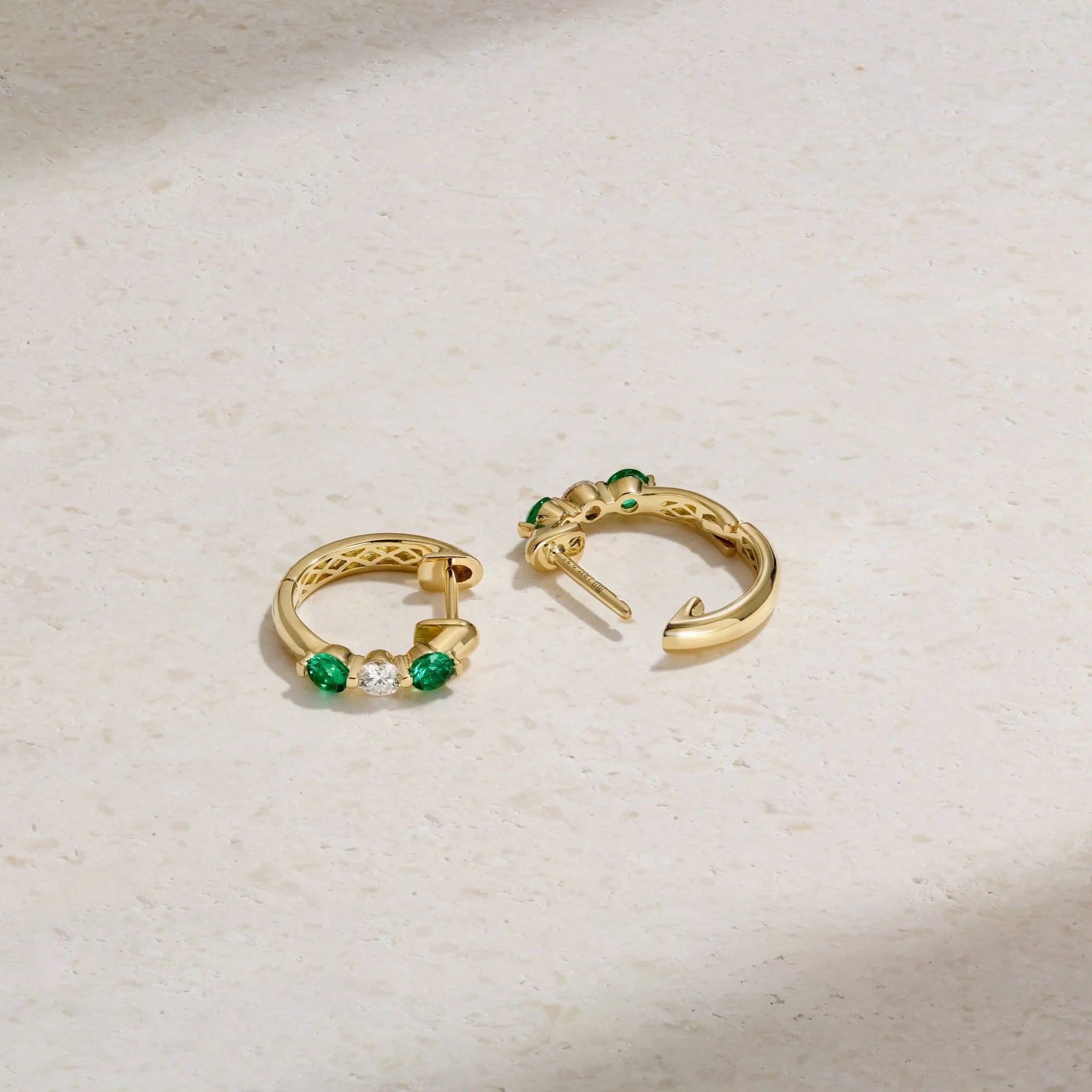 Mark Henry Earrings Mark Henry Ellipse 18k Yellow Gold Mini Triplet Emerald and Diamond Huggie Earrings