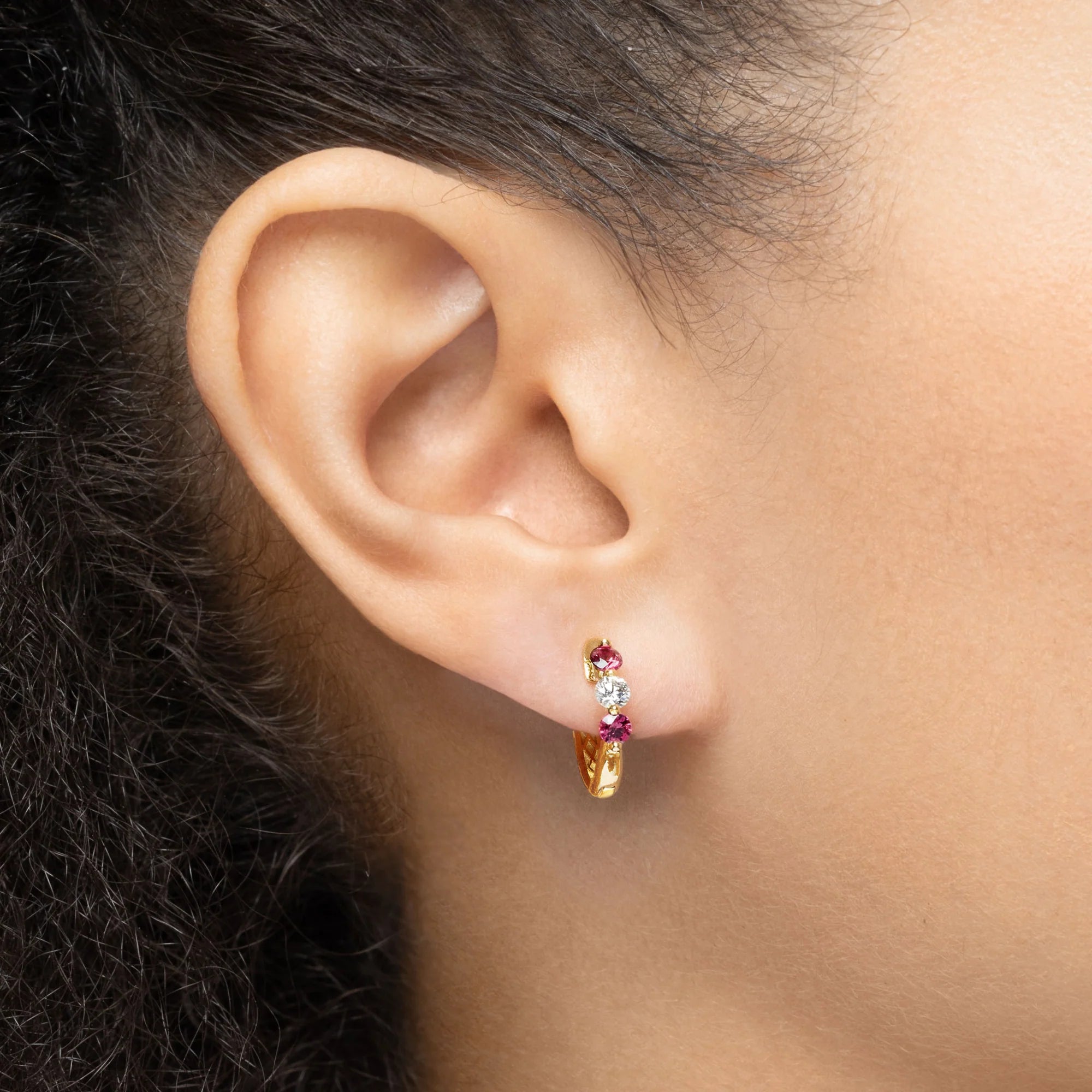 Mark Henry Earrings Mark Henry Ellipse 18k Yellow Gold Mini Triplet Ruby and Diamond Huggie Earrings