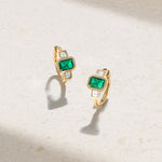 Mark Henry Earrings Mark Henry Ellipse 18k Yellow Gold Three Stone Octagonal Emerald and Diamond Huggie Earrings