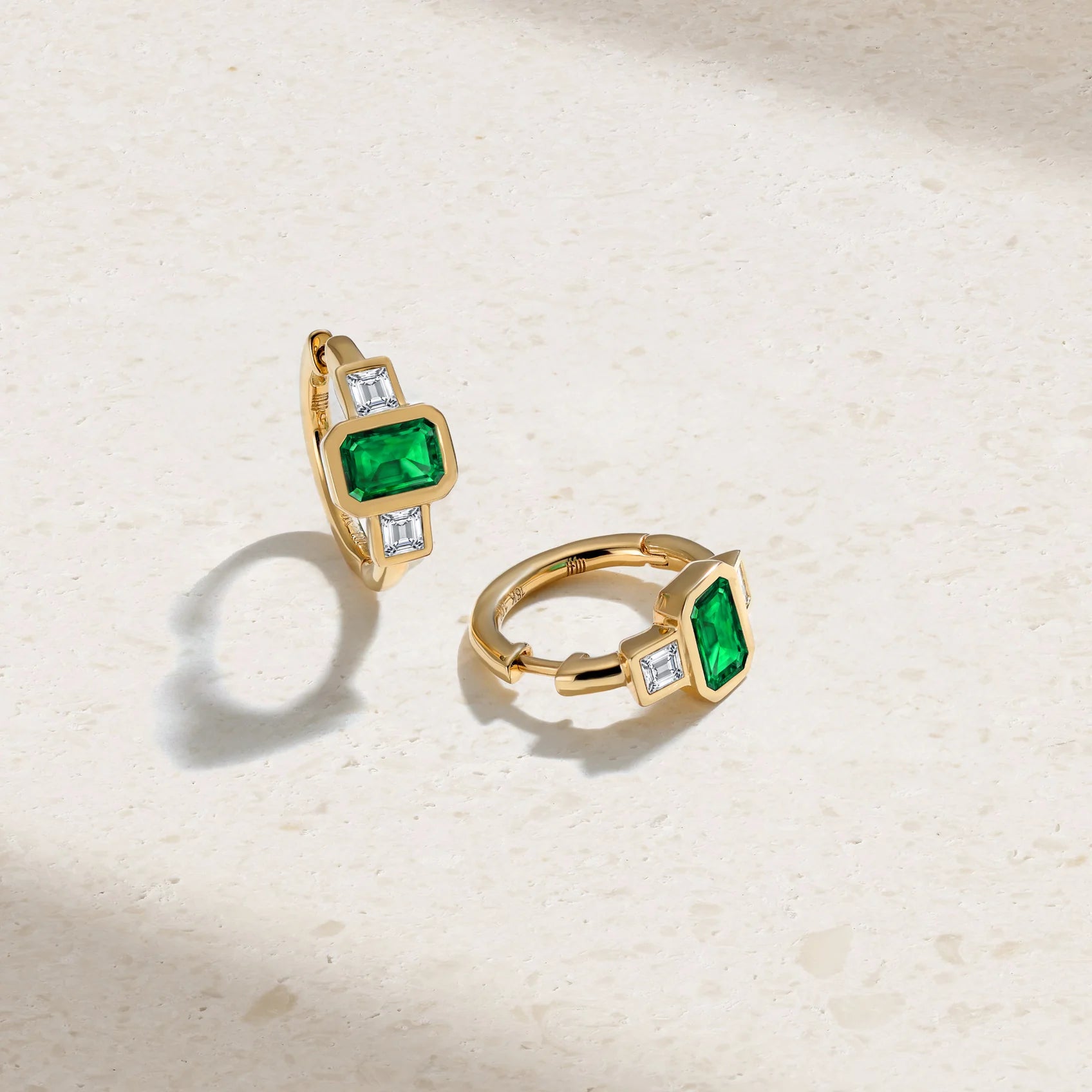 Mark Henry Earrings Mark Henry Ellipse 18k Yellow Gold Three Stone Octagonal Emerald and Diamond Huggie Earrings