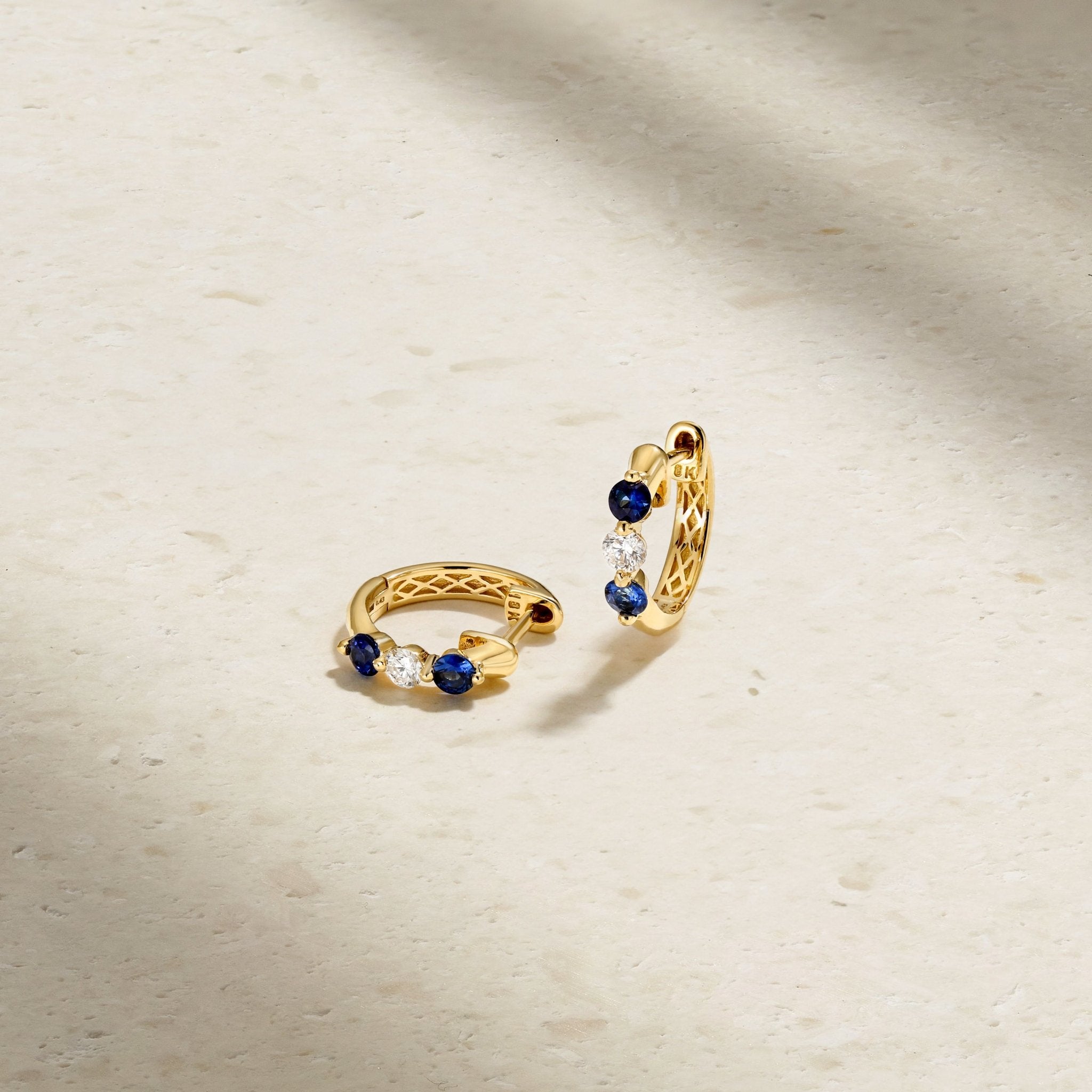 Mark Henry 18K Yellow Gold Mini Triplet Sapphire and Diamond Huggie Earrings
