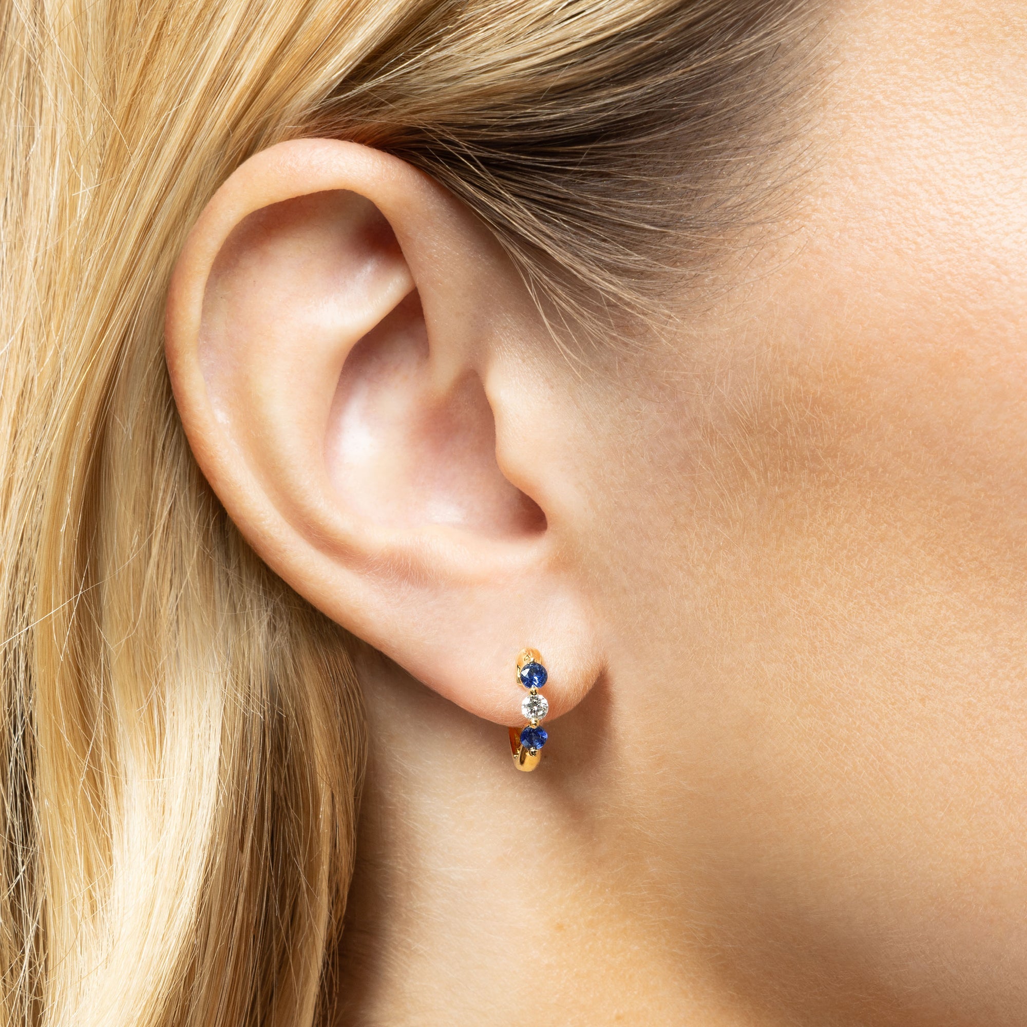 Mark Henry 18K Yellow Gold Mini Triplet Sapphire and Diamond Huggie Earrings - view 2