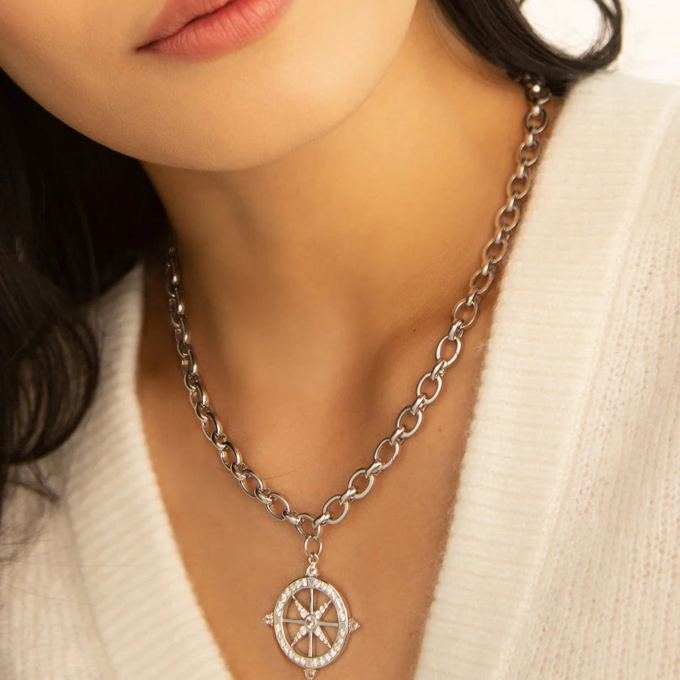 Monica Rich Kosann Necklaces and Pendants Monica Rich Kosann Adventure Sterling Silver and White Sapphire Compass Necklace
