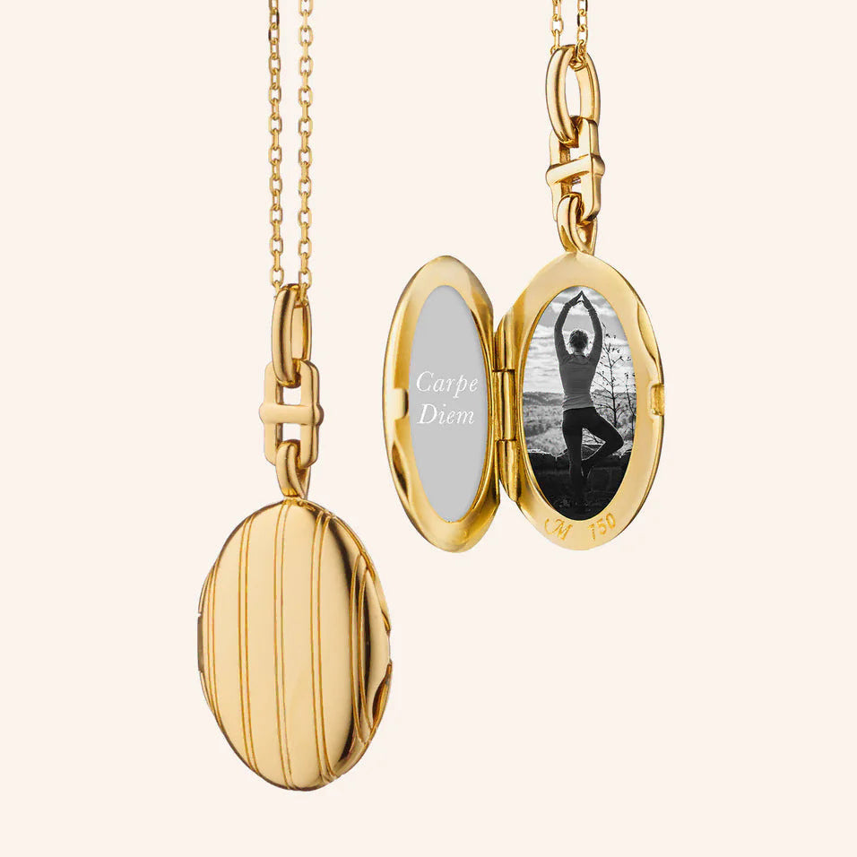 Monica Rich Kosann Lockets Monica Rich Kosann Eve 18K Yellow Gold Slim Pinstripe Locket Necklace