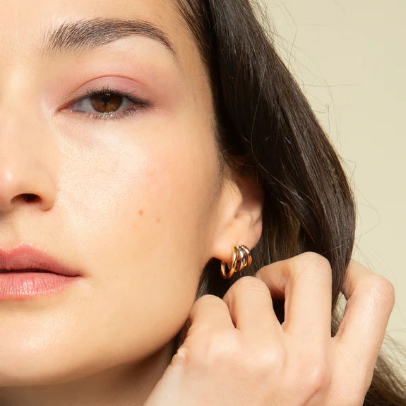 Monica Rich Kosann Earrings Monica Rich Kosann Rings of Saturn 18k Yellow, White, and Rose Gold Huggie Earrings