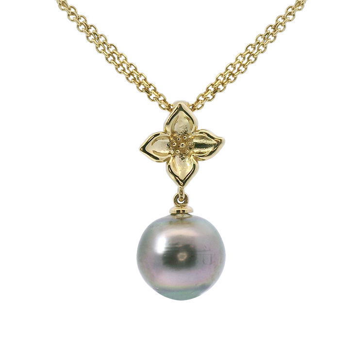 PAGE Estate Necklaces and Pendants 1870 Collection 14k Yellow Gold Floral Tahitian Pearl Pendant