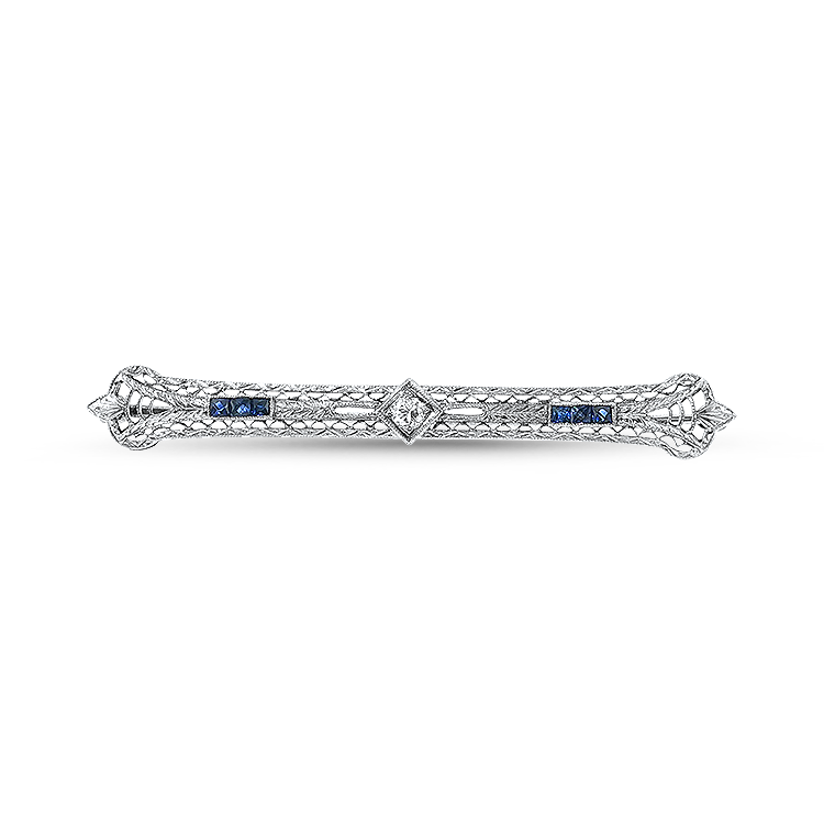 PAGE Estate Pins & Brooches Antique 18K White Gold Filigree Diamond & Sapphire Bar Pin