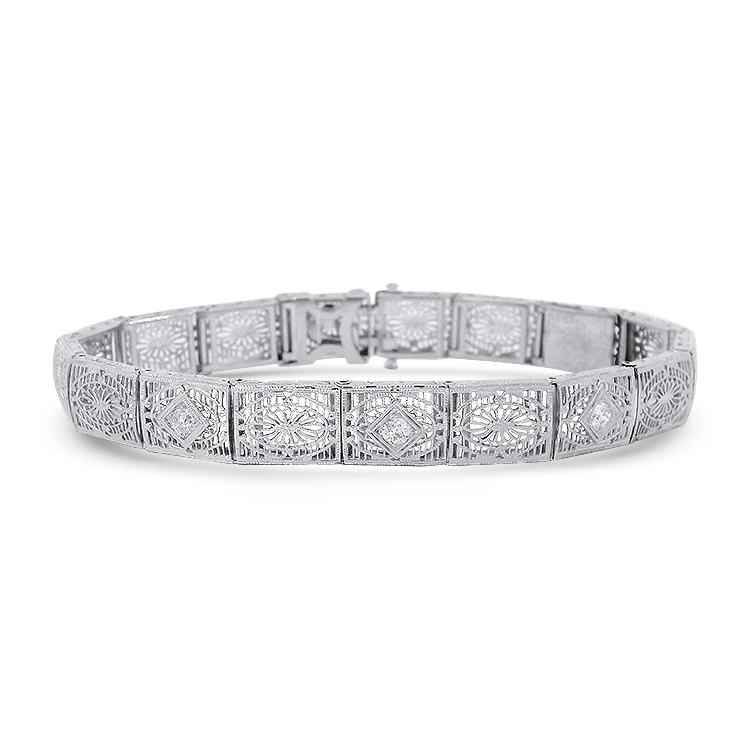 PAGE Estate Bracelet Antique Reproduction 14K White Gold Diamond Filigree Bracelet