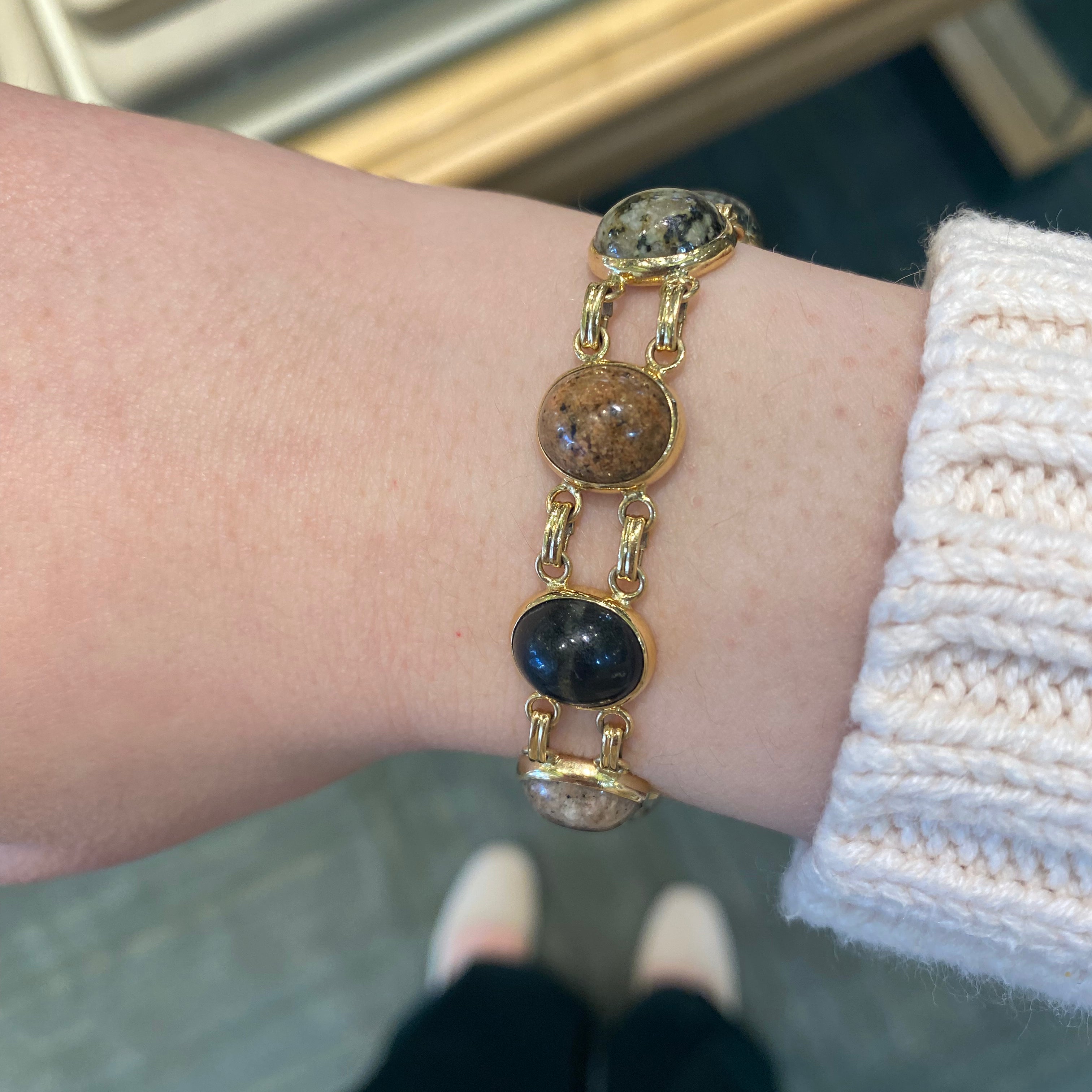 PAGE Estate Bracelet Cross Jewelers Estate 14k Yellow Gold Cabochon "Maine Coast" Beach Stone Bracelet